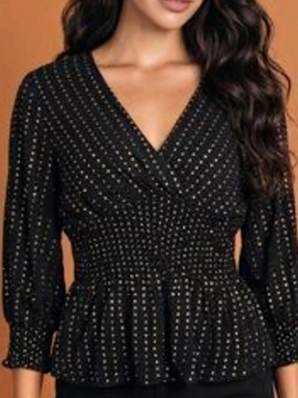 Harvey Bernard Gold Geometric Peplum Blouse in Black Size Medium NWT